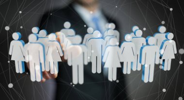 3D render birlikte grup insan onun finge dokunmadan işadamı