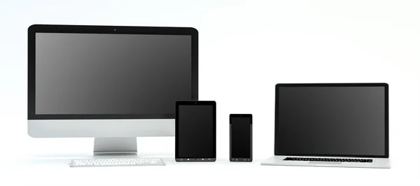 Moderní počítač přenosný mobilní telefon a tablet 3d vykreslování — Stock fotografie