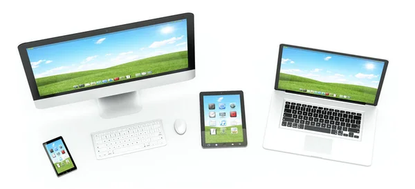 Современный ноутбук мобильный телефон и планшет 3D рендеринг — стоковое фото