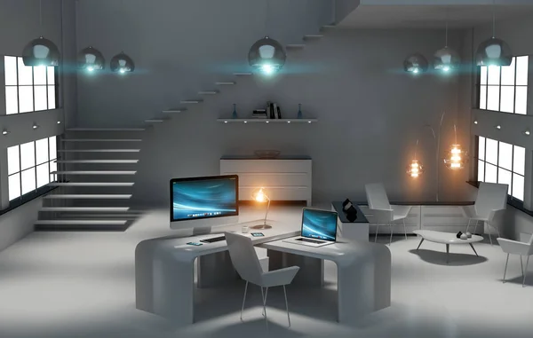 Moderner dunkler Schreibtisch Büroeinrichtung mit Computer und Geräten 3d re — Stockfoto