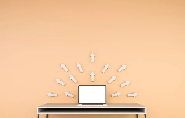 Modern desktop interior with laptop and grey arrows 3D rendering