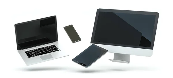 Computador portátil moderno telefone celular e tablet flutuante 3D rende — Fotografia de Stock