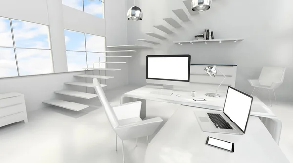 Modern white office interior with computer and devices 3D render — Stock Photo, Image