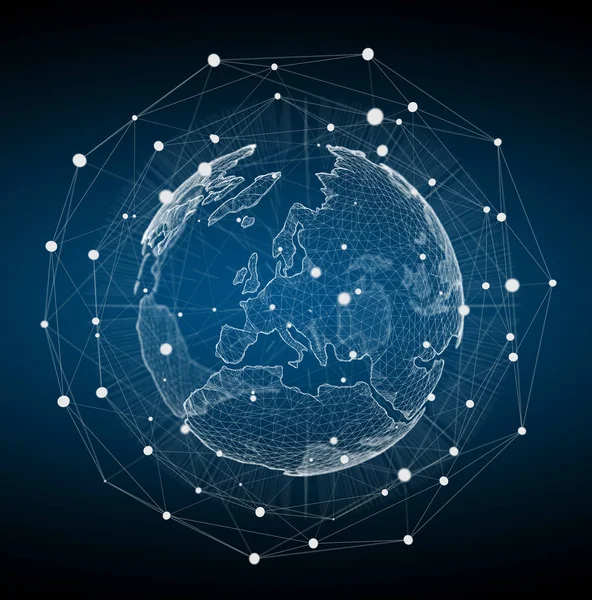 Flytande vit och blå planetjorden nätverk 3d rendering — Stockfoto