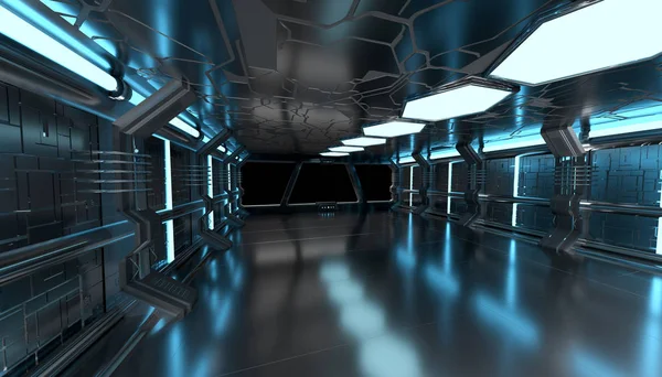 Nave espacial interior azul com janela vazia elementos de renderização 3D — Fotografia de Stock