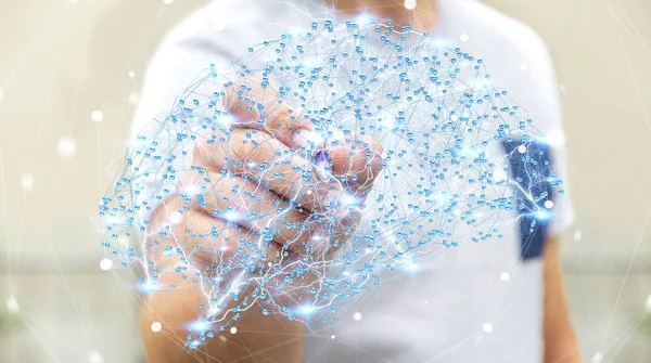 Бізнесмен малює цифровий рентгенівський людський мозок в руці 3D ren — стокове фото