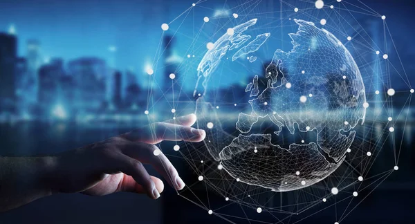 Planet Earth 3d render küresel ağ dokunmadan işadamı