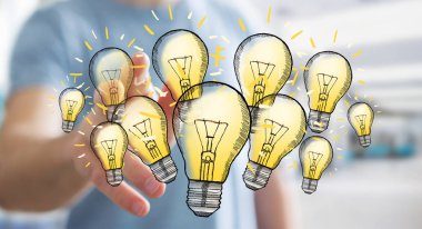 Çizilmiş ampul parmağıyla dokunmadan işadamı