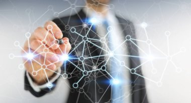 Dijital veri ağı 3d render kalemle çizim işadamı