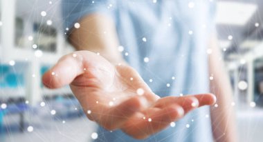 Kayan nokta ağ 3d render tutan işadamı