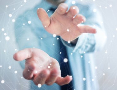 Kayan nokta ağ 3d render tutan işadamı