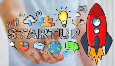 Elle çizilmiş başlangıç metin ve kırmızı roket dokunmadan işadamı