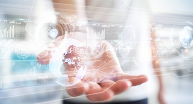 Hologram ekran işadamı 3d render tarafından kullanılan dijital veriler ile