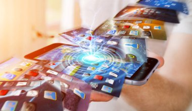 İşadamı modern cihaz 3d rende üzerinde telefon arka plan değiştirme