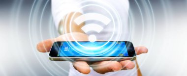 Ücretsiz Wi-Fi hotspot arabirimi 3d işlemesini kullanan iş adamı