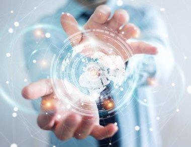 İşadamı hologram ekran dijital veriler 3d renderin ile kullanma