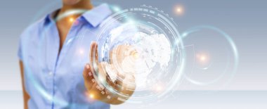 İşkadını hologram ekran dijital veriler 3d render ile kullanma