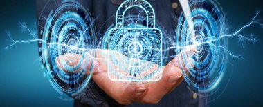 Onun verileri 3d renderi güvenliğini sağlamak için dijital asma kilit kullanarak iş adamı