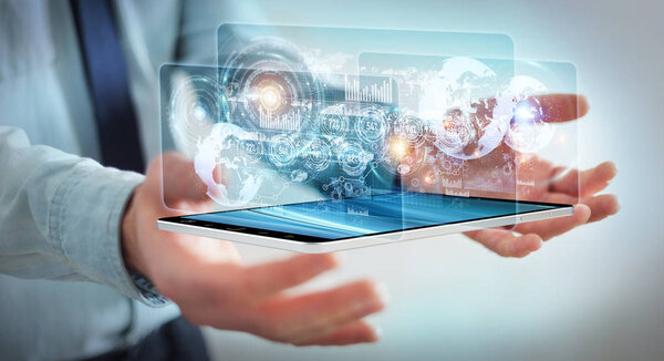 Экран голограммы с цифровыми данными, используемыми бизнесменом 3D рендерингом
