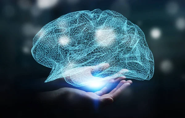 Podnikatelka drží digitální rentgenové lidský mozek v její ruku 3d r — Stock fotografie