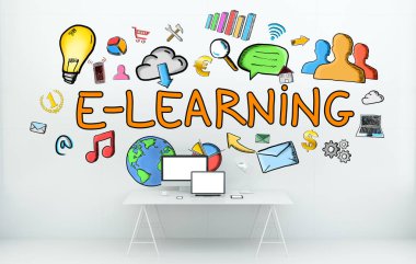 E-öğrenme el çekilmiş kavramında office 3d render