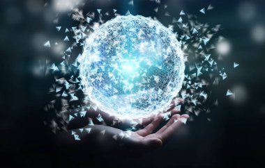 3D render veri ağ küre elinde tutan işadamı