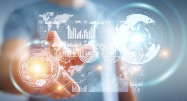 İşadamı hologram ekran dijital veriler 3d renderin ile kullanma