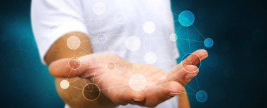 Onun el 3d renderin dijital veri ağ tutan işadamı