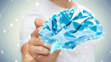 Onun el 3d ren dijital röntgen insan beyninde çizim işadamı