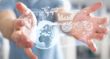 İşadamı hologram ekran dijital veriler 3d renderin ile kullanma