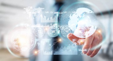 İşadamı hologram ekran dijital veriler 3d renderin ile kullanma