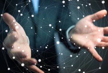 Kayan nokta ağ 3d render tutan işadamı