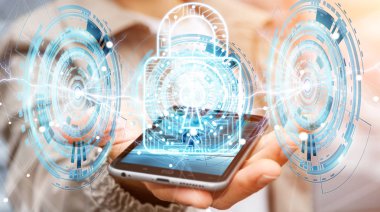 Onun verileri 3d renderi güvenliğini sağlamak için dijital asma kilit kullanarak iş adamı