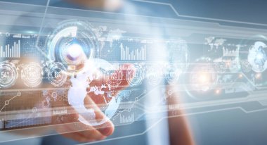 Hologram ekran işadamı 3d render tarafından kullanılan dijital veriler ile