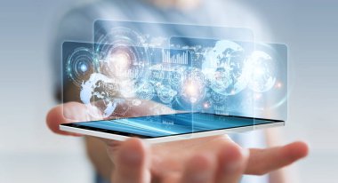 Hologram ekran işadamı 3d render tarafından kullanılan dijital veriler ile