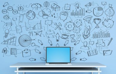 Resepsiyon üzerinde mavi bir duvara yazılmış el yazması proje sunumu