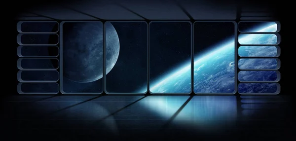 View of the planet earth from a huge spaceship window 3D renderi — Stock Photo, Image