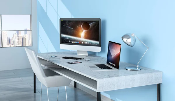 Niebieski pulpit nowoczesnym z urządzenia renderowania 3d — Zdjęcie stockowe