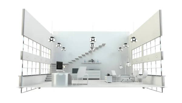 Βάθος της εστίασης σε μοντέρνο λευκό γραφείο εσωτερικών 3d rendering — Φωτογραφία Αρχείου