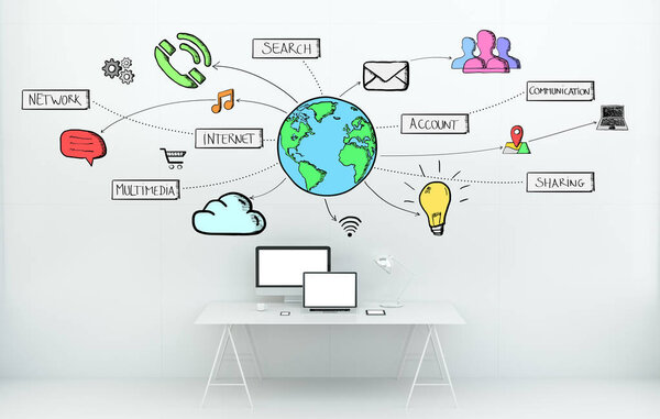 Hand drawn multimedia presentation concept in office 3D renderin