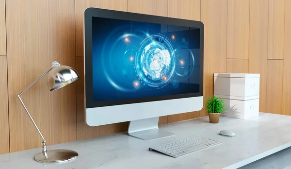 Computadora moderna con presentación de holograma digital 3D — Foto de Stock