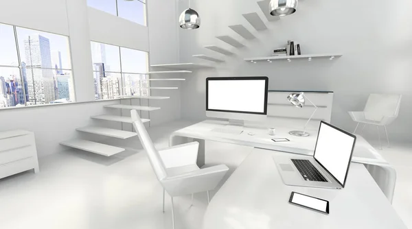 Interior de escritório branco moderno com computador e dispositivos 3D render — Fotografia de Stock