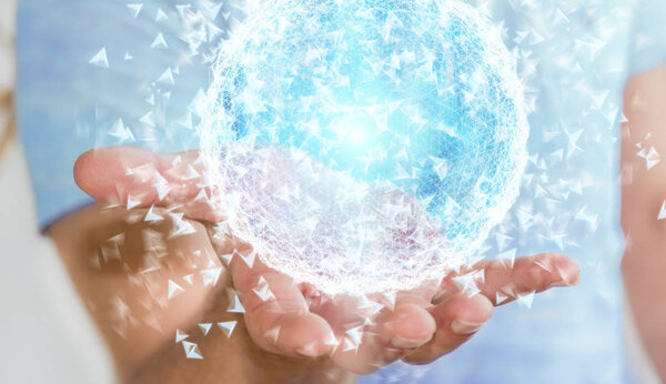 Businessman holding 3D rendering data network sphere in his hand