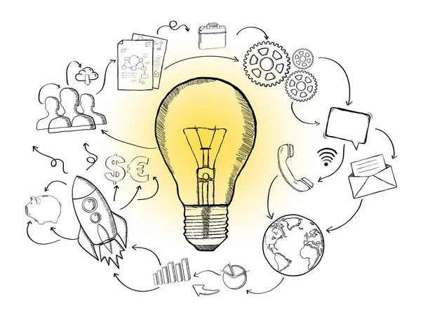 Hand drawn lightbulb with multimedia icons flying around — Stock Photo, Image