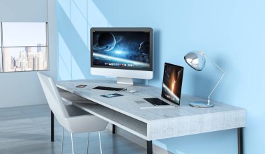 Modern cihazlarla 3d Render mavi masaüstü iç