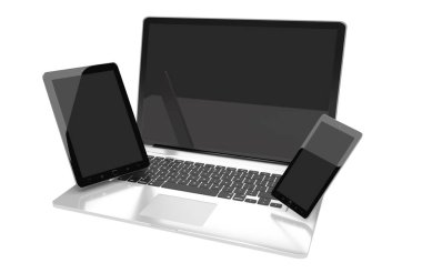 Dizüstü bilgisayar cep telefonu ve tablet 3d render birbirine bağlı