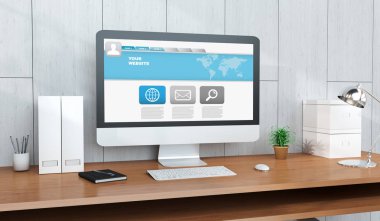 Bilgisayarı ve aygıtları 3d render ile modern işyeri iç