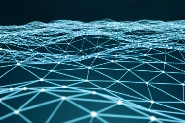 Beyaz ve mavi parlak nokta ağ 3d render yüzen