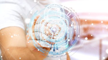 Onun verileri 3d renderi güvenliğini sağlamak için dijital asma kilit kullanarak iş adamı