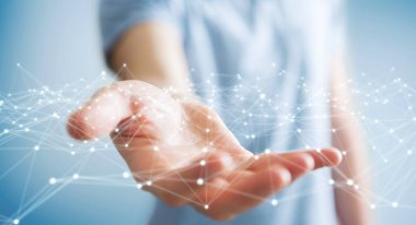 İşadamı 3d render tarafından düzenlenen ağ uçan nokta